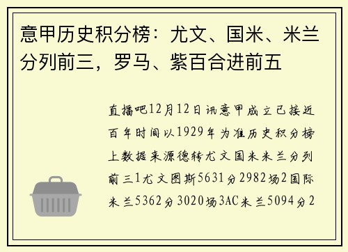 意甲历史积分榜：尤文、国米、米兰分列前三，罗马、紫百合进前五
